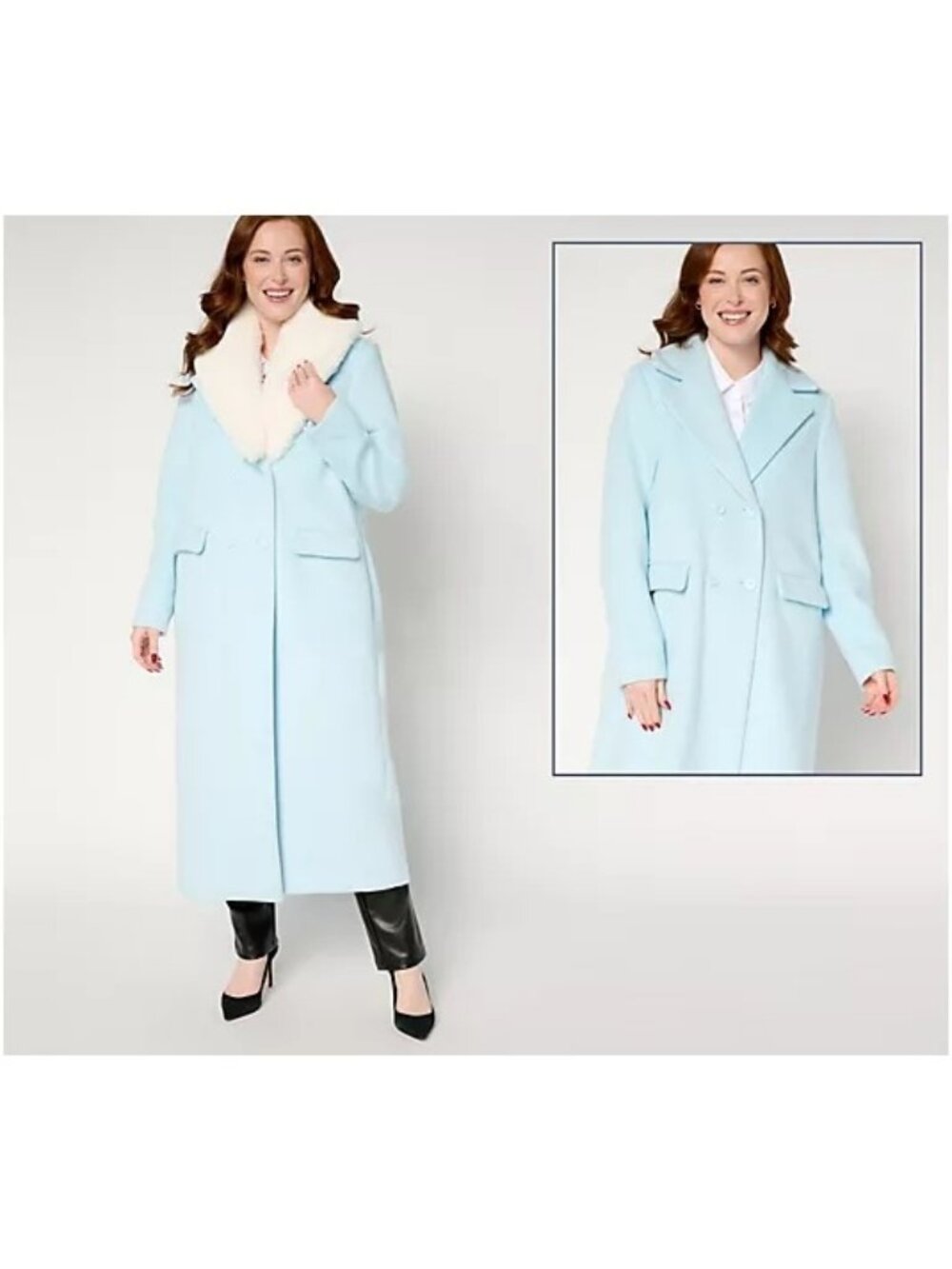 by Stacy London Faux Wool Coat Size Large Addable Faux Fur Collar Blue White NEW